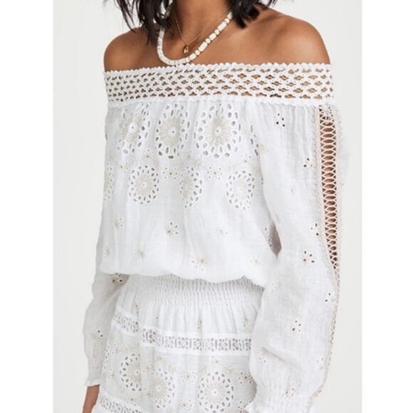 Temptation Positano Irlanda White Smocked Eyelet 100% Linen Mini Dress - Picture 2 of 12